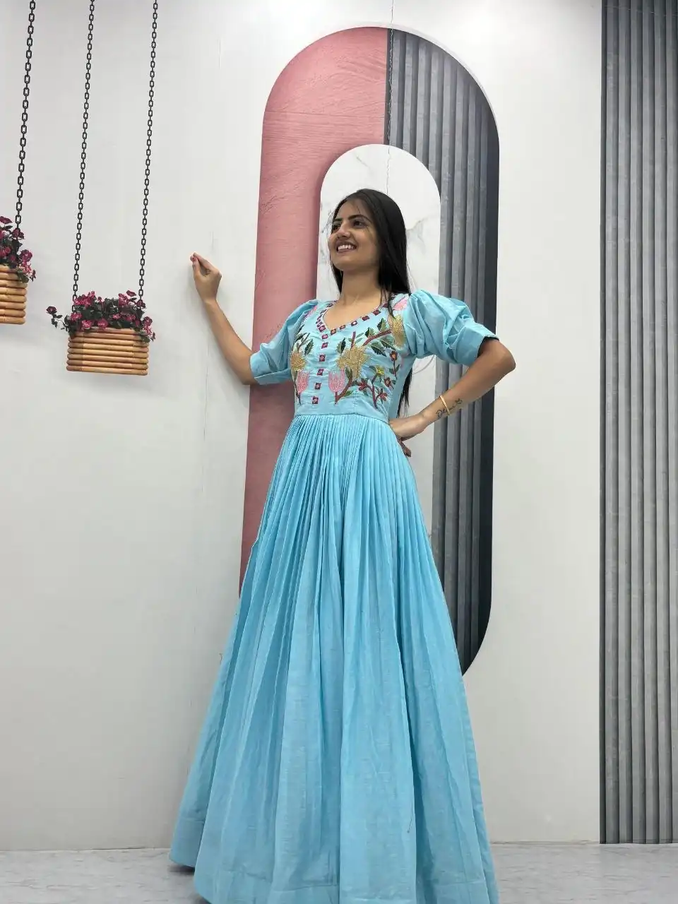 Fancy Blue Mal Cotton Mirror Embroidery Work Gown