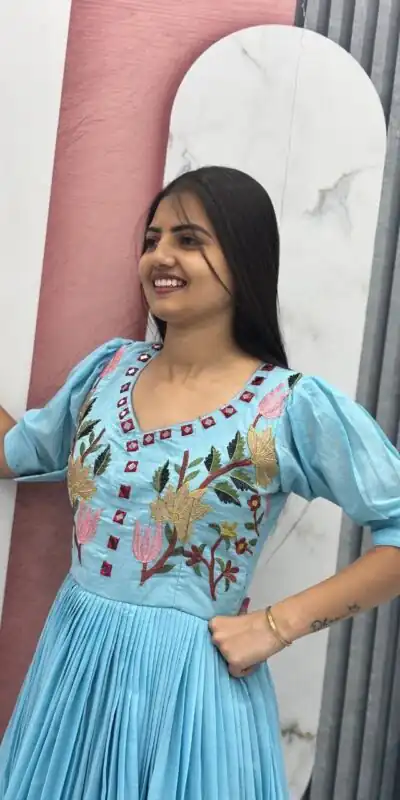 Fancy Blue Mal Cotton Mirror Embroidery Work Gown