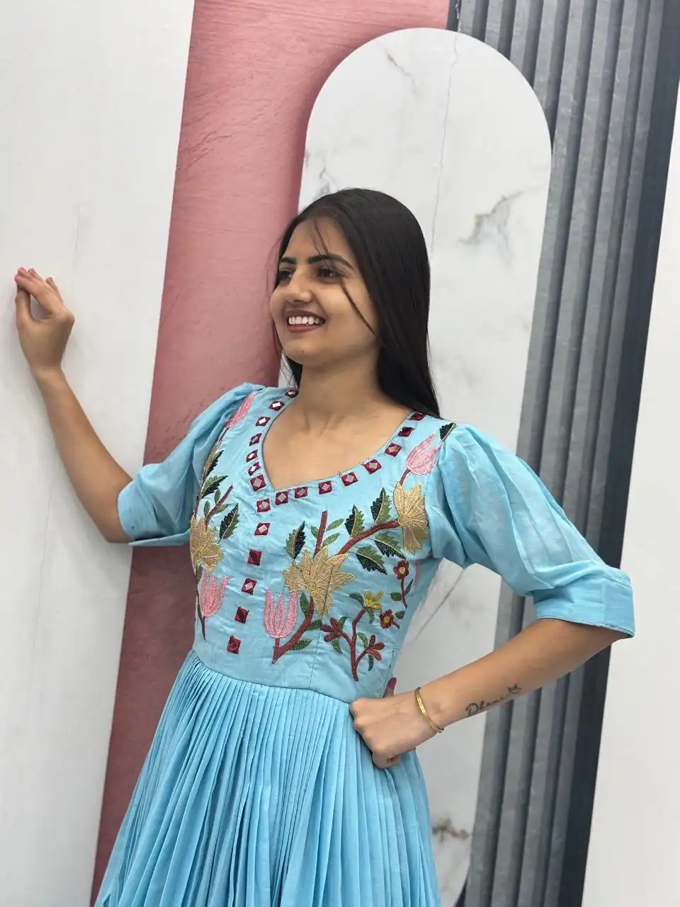Fancy Blue Mal Cotton Mirror Embroidery Work Gown
