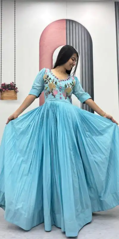 Fancy Blue Mal Cotton Mirror Embroidery Work Gown