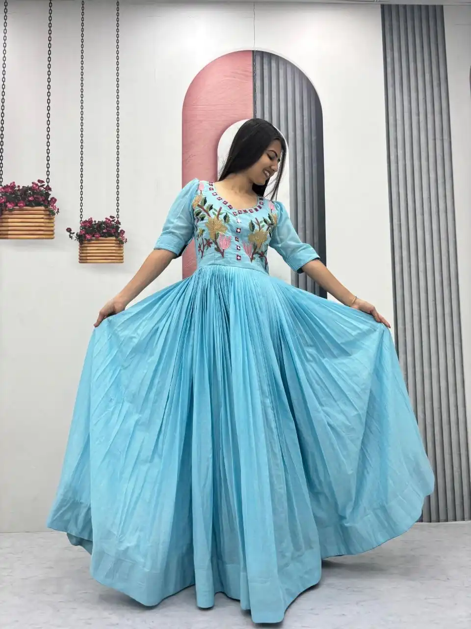 Fancy Blue Mal Cotton Mirror Embroidery Work Gown