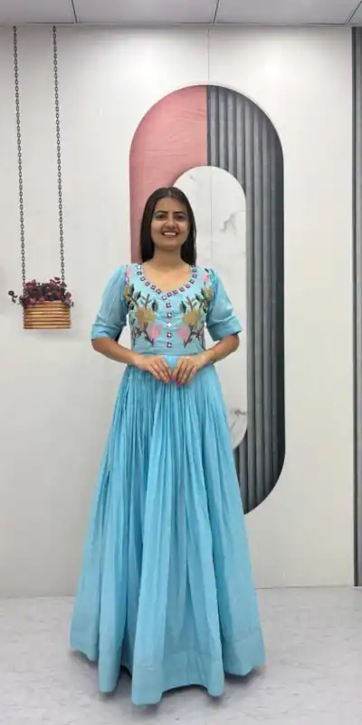 Fancy Blue Mal Cotton Mirror Embroidery Work Gown