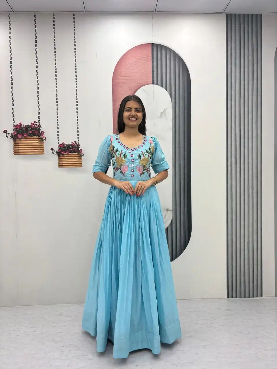 Fancy Blue Mal Cotton Mirror Embroidery Work Gown