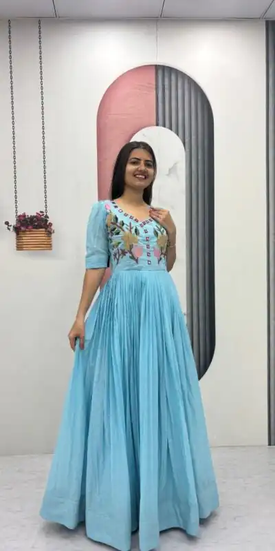 Fancy Blue Mal Cotton Mirror Embroidery Work Gown
