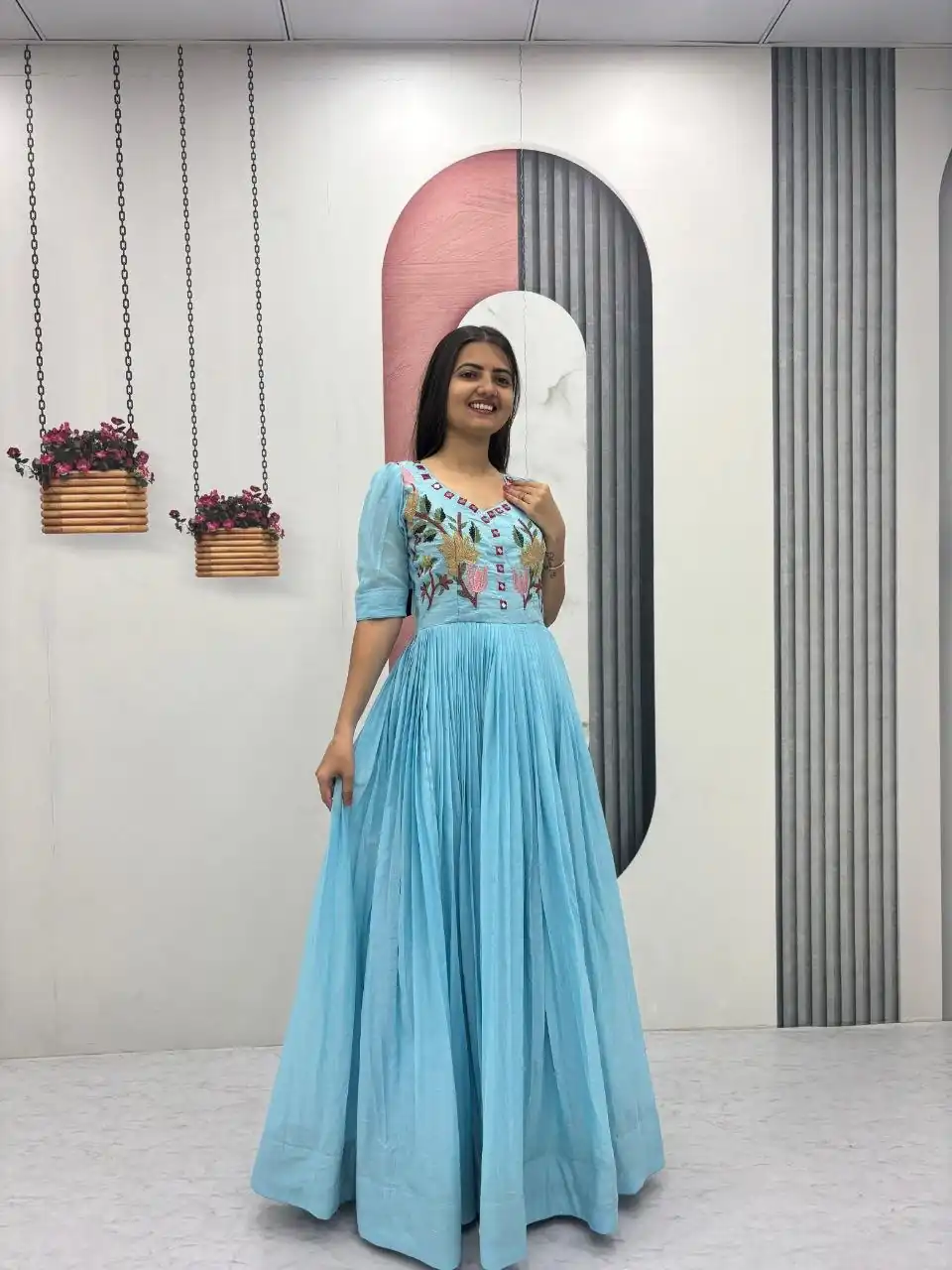 Fancy Blue Mal Cotton Mirror Embroidery Work Gown