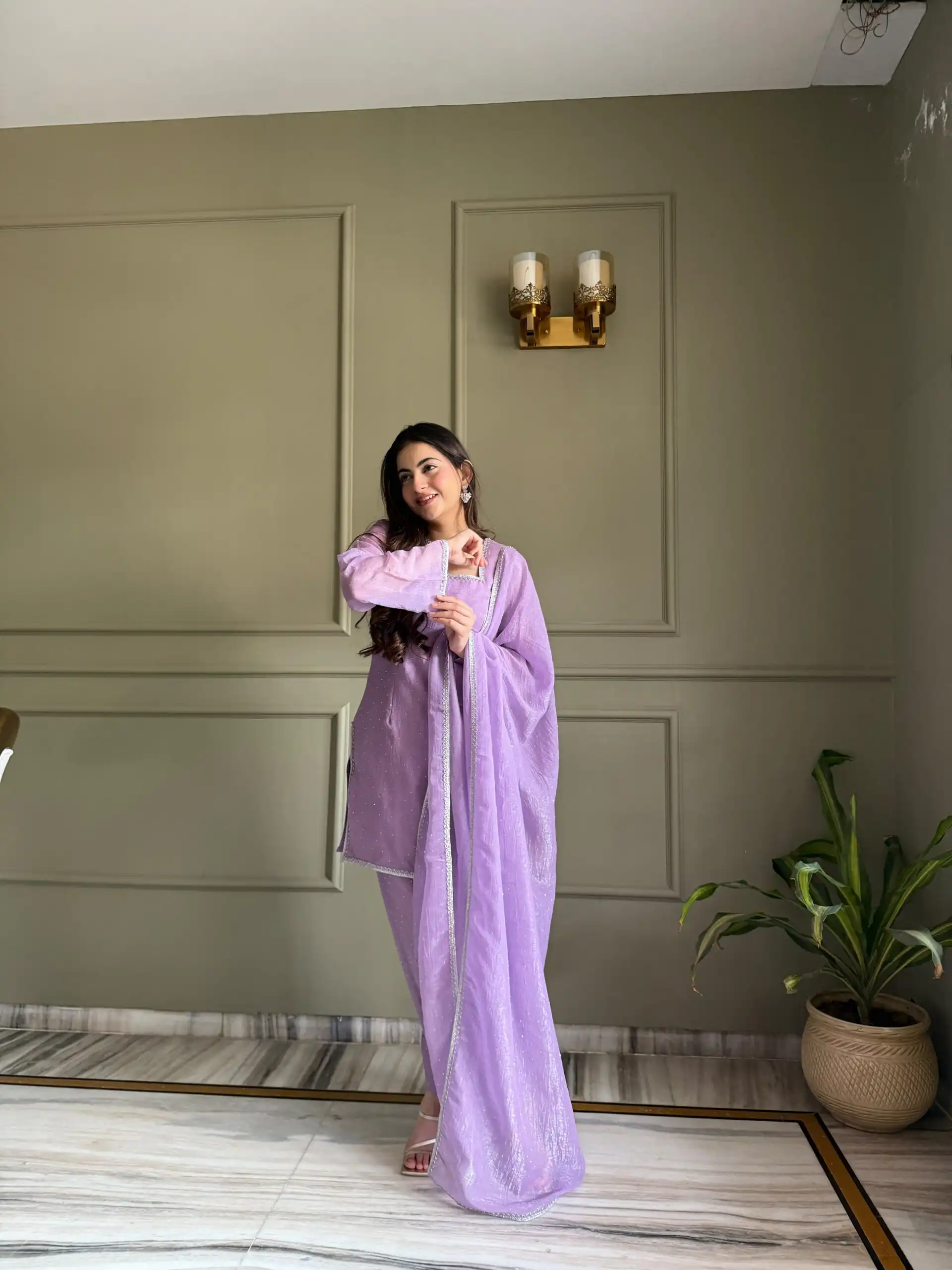 Fancy Lavender Crunchy Silk Siroski Work Salwar Suit