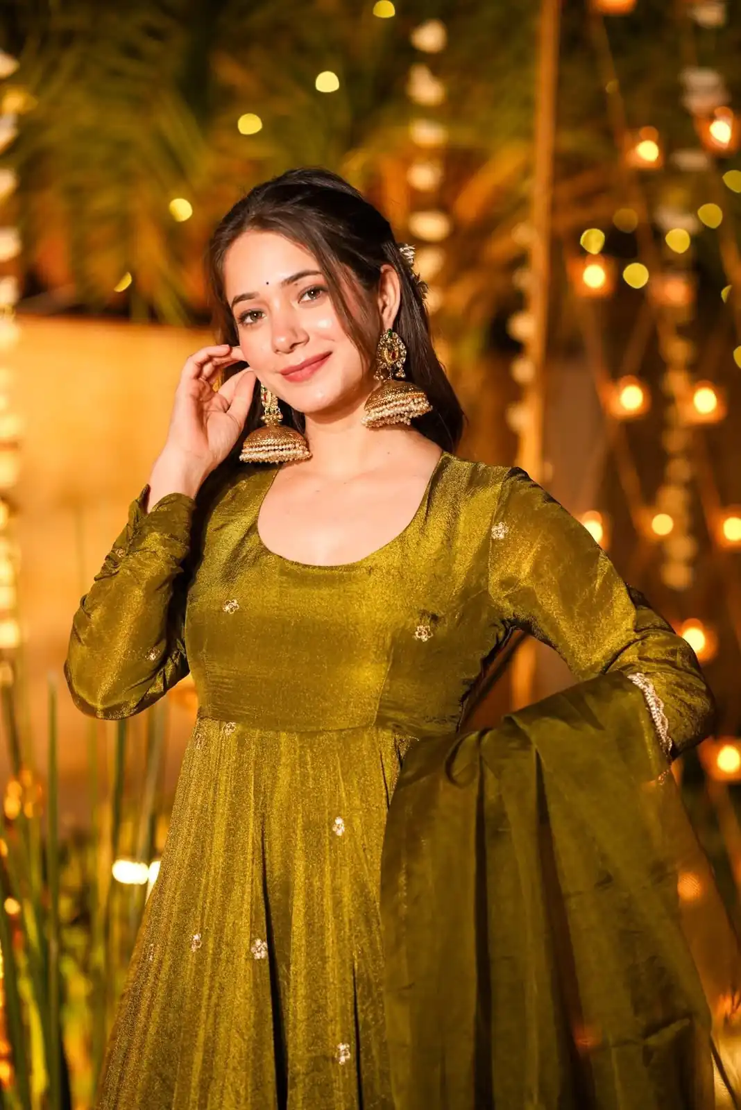Fancy Mehendi Crunchy Silk Sequence Work Anarkali Suit