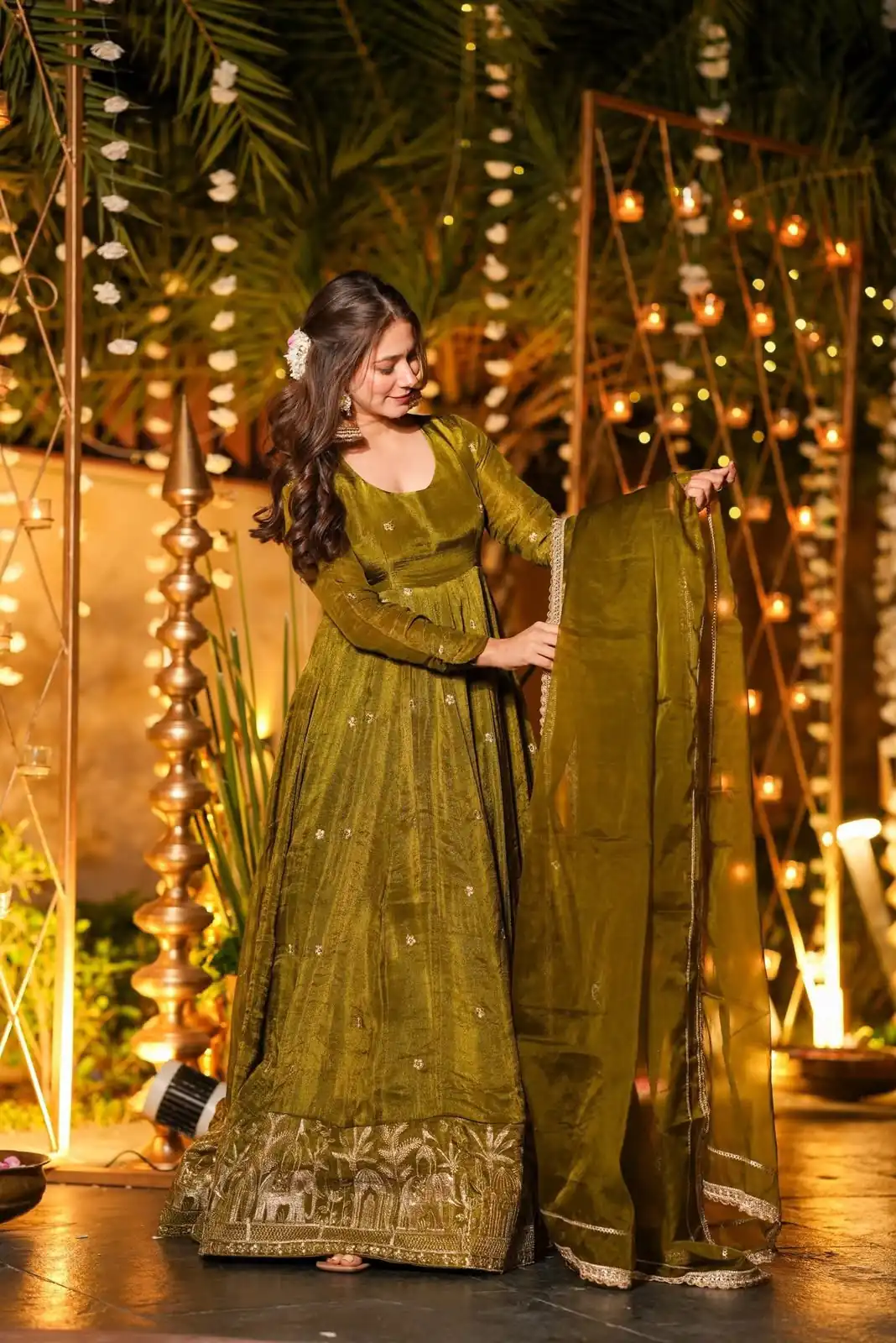 Fancy Mehendi Crunchy Silk Sequence Work Anarkali Suit