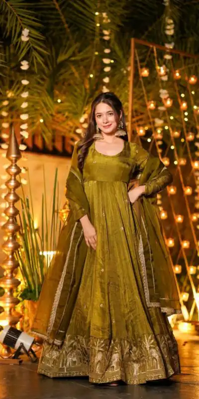 Fancy Mehendi Crunchy Silk Sequence Work Anarkali Suit