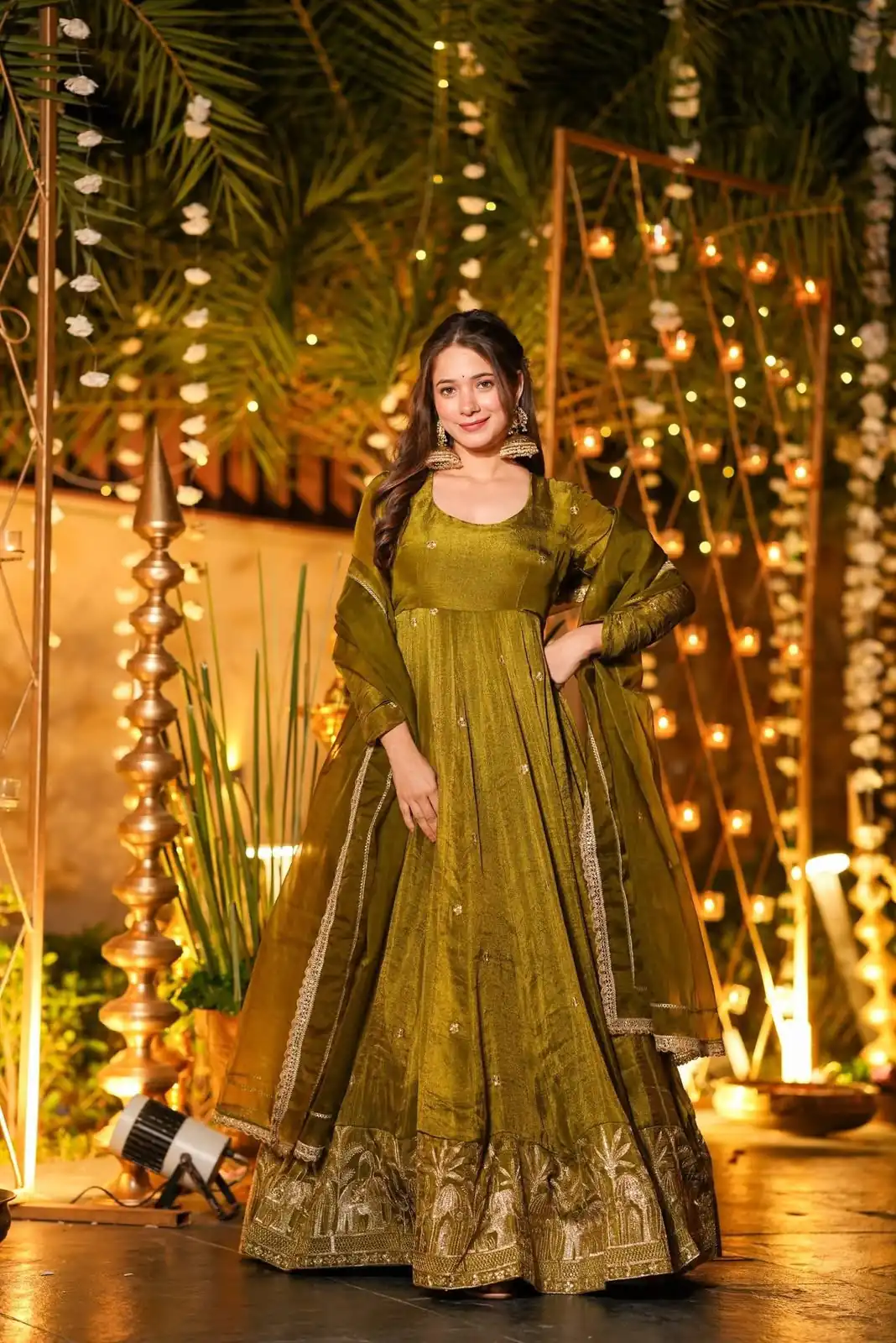 Fancy Mehendi Crunchy Silk Sequence Work Anarkali Suit