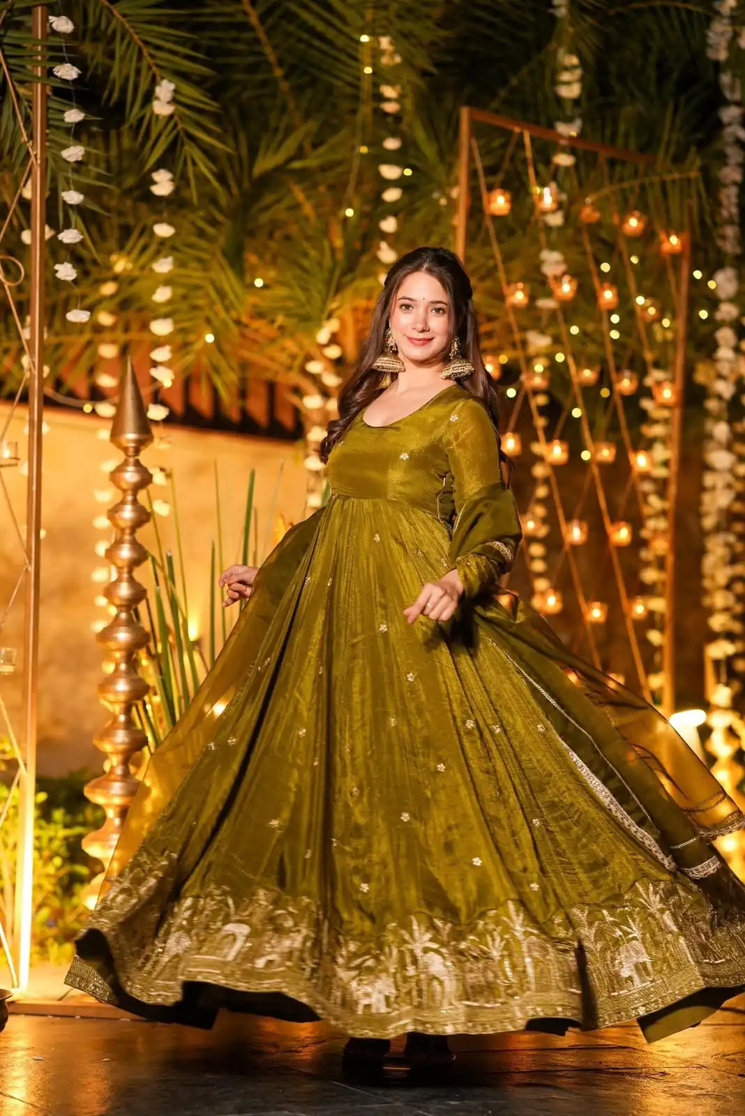 Fancy Mehendi Crunchy Silk Sequence Work Anarkali Suit