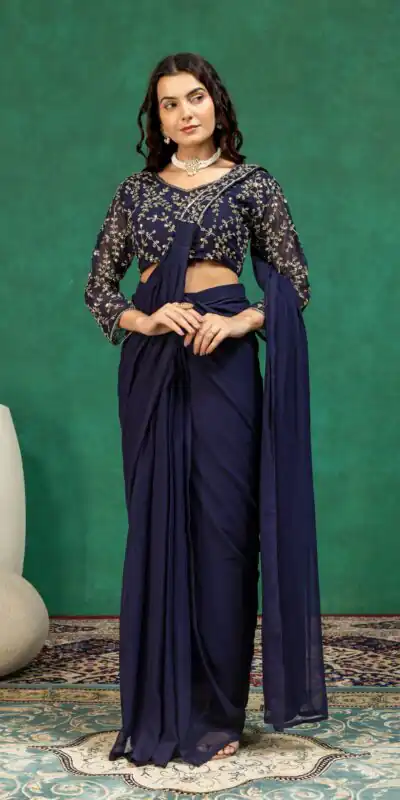 Fancy Navy Blue Faux Georgette Sequence Work Saree