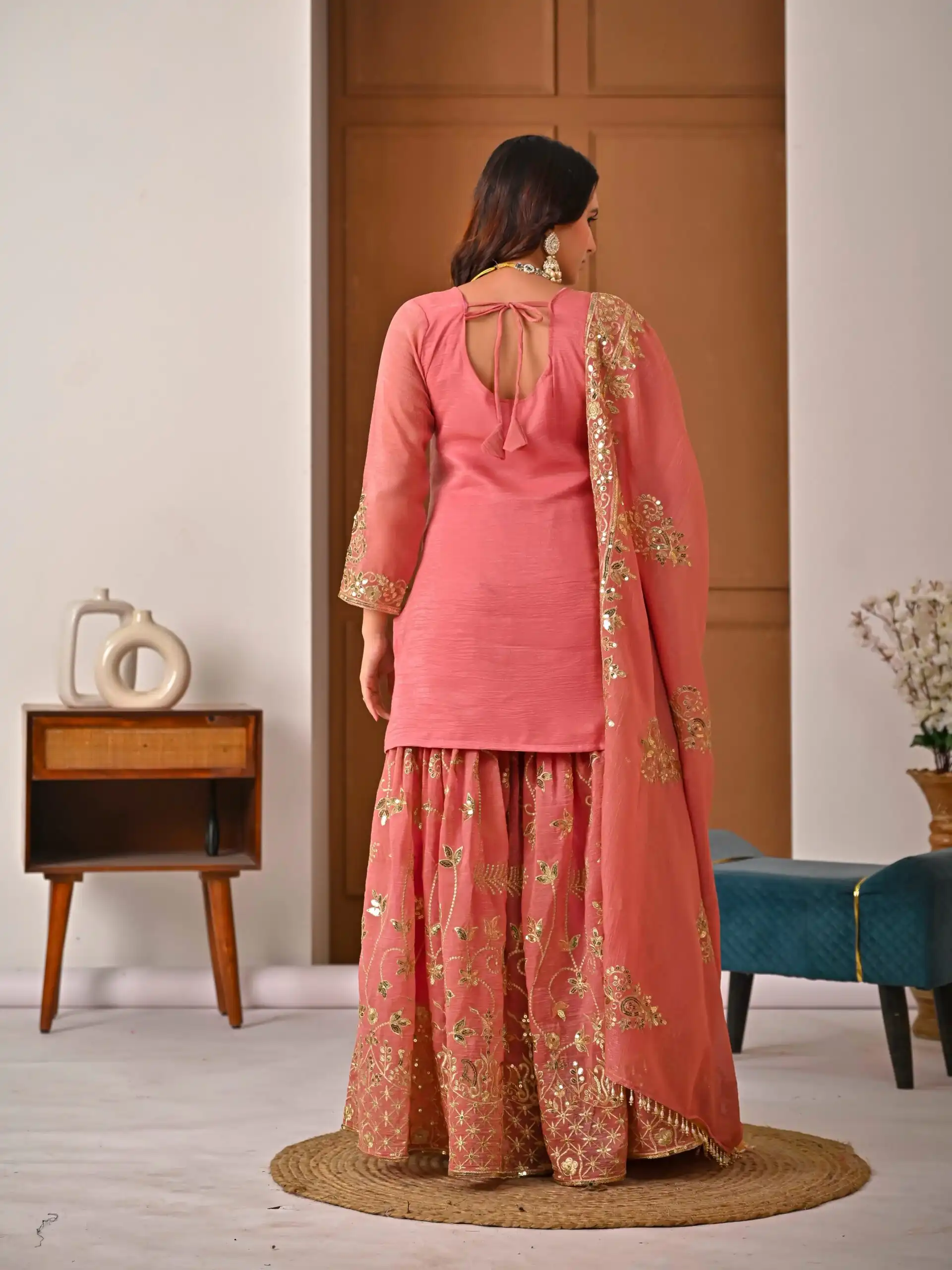 Fancy Peach Crunchy Silk Embroidery Work Salwar Suit