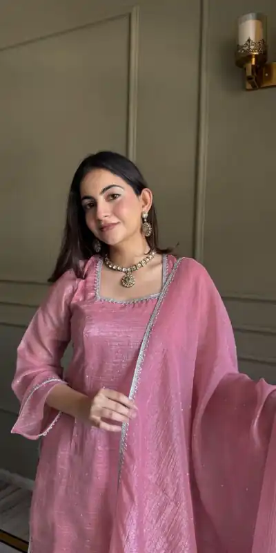 Fancy Pink Crunchy Silk Siroski Work Salwar Suit