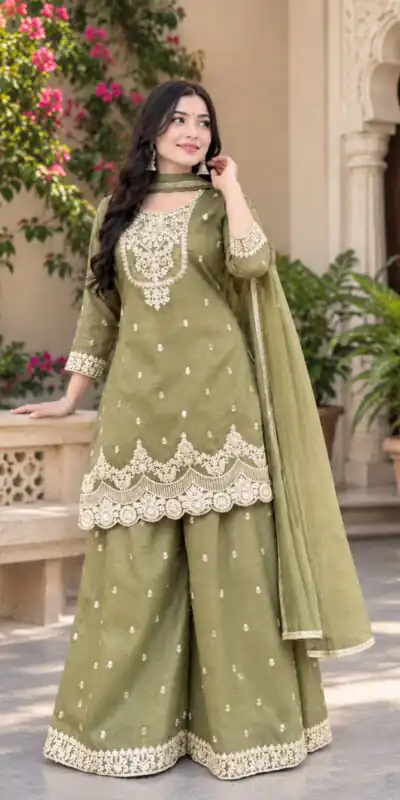 Fancy Pista Crunchy Silk Embroidery Work Salwar Suit