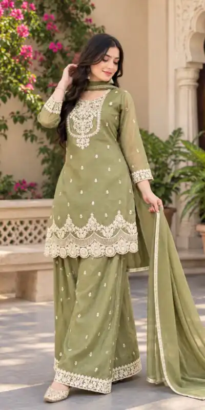 Fancy Pista Crunchy Silk Embroidery Work Salwar Suit