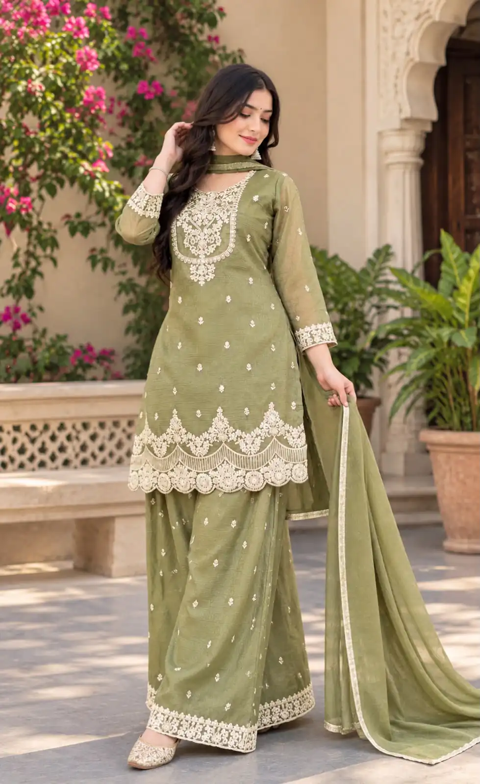 Fancy Pista Crunchy Silk Embroidery Work Salwar Suit