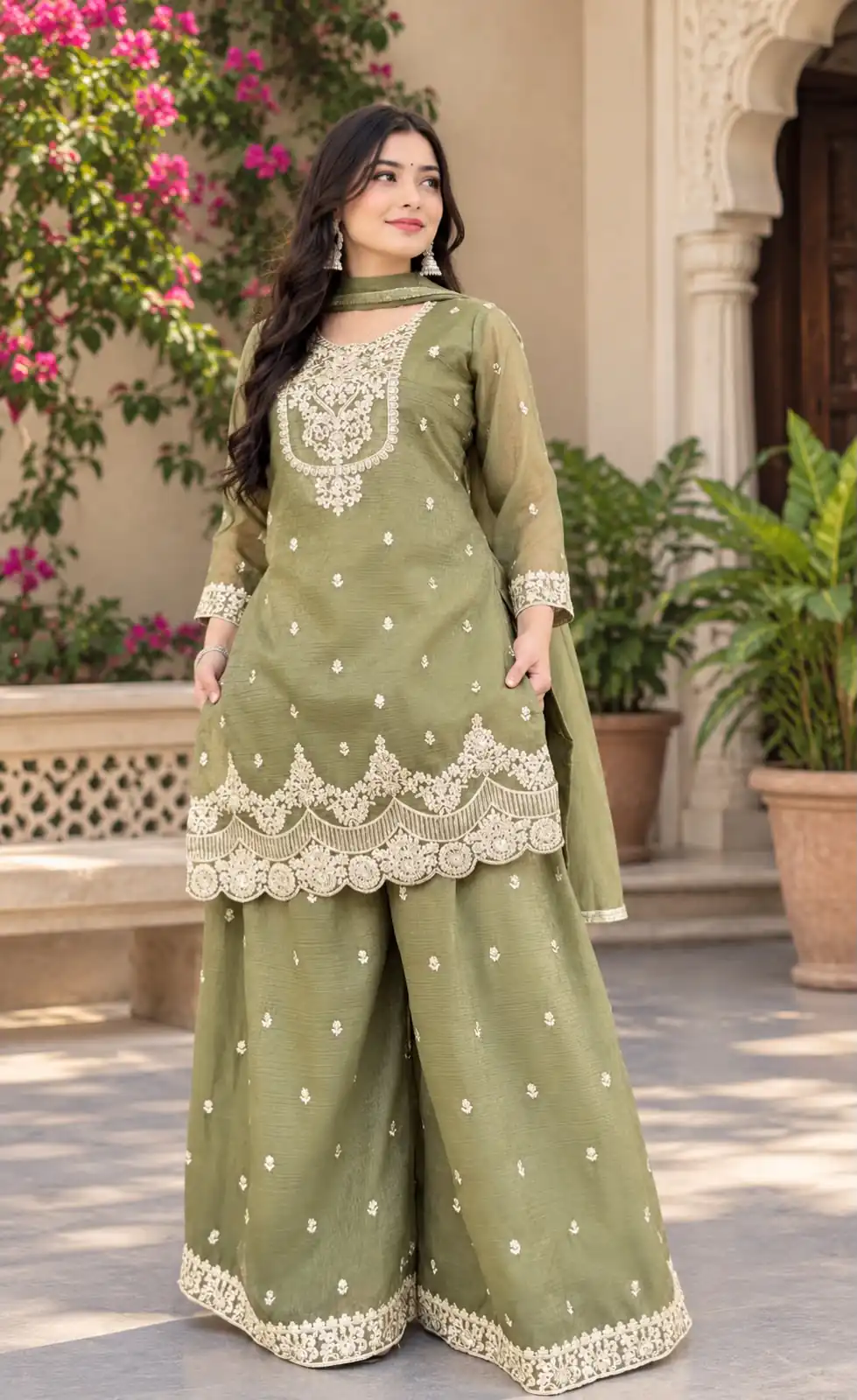 Fancy Pista Crunchy Silk Embroidery Work Salwar Suit