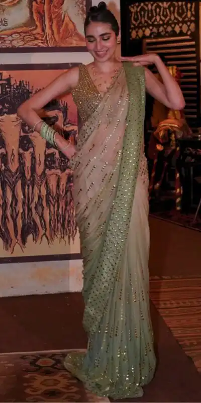 Fancy Pista Faux Georgette Intricate Foil Work Saree