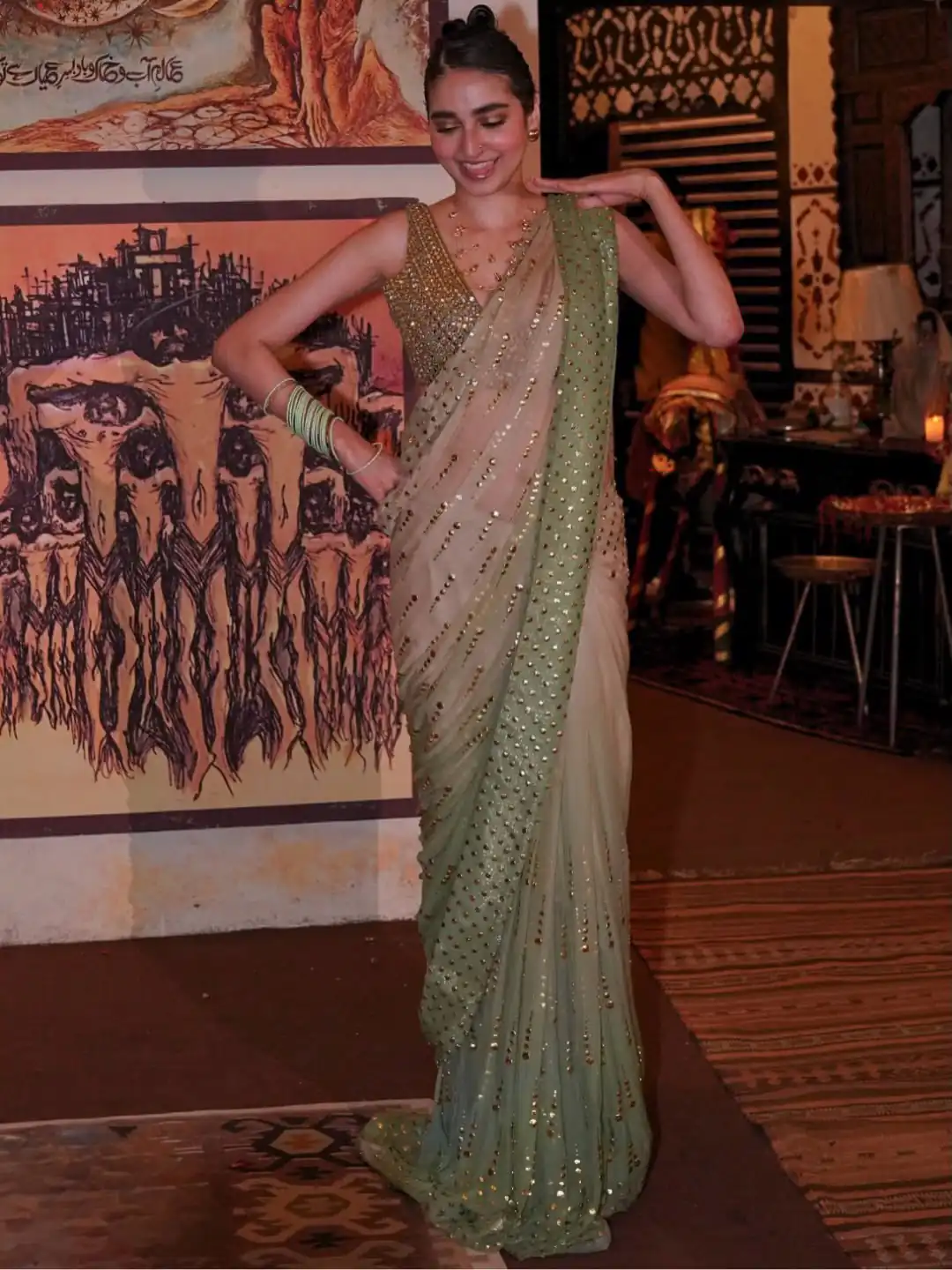 Fancy Pista Faux Georgette Intricate Foil Work Saree