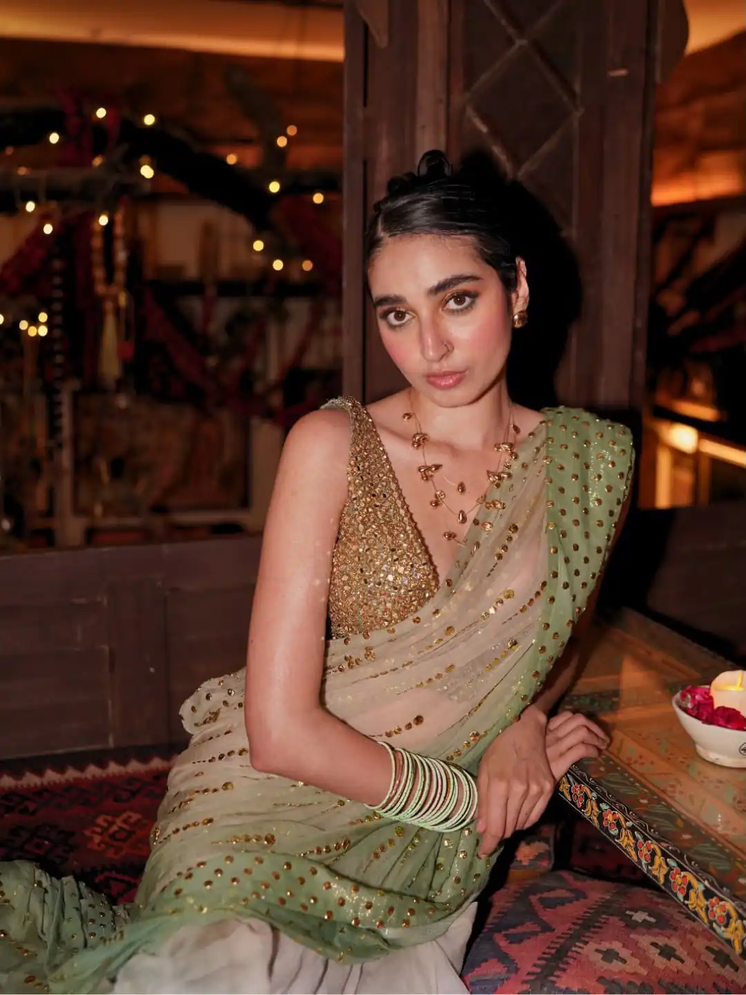 Fancy Pista Faux Georgette Intricate Foil Work Saree