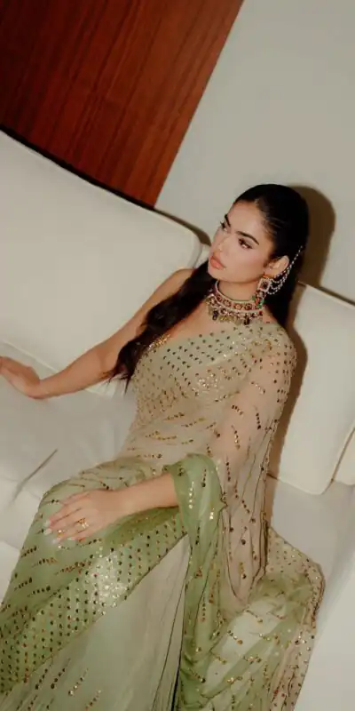 Fancy Pista Faux Georgette Intricate Foil Work Saree
