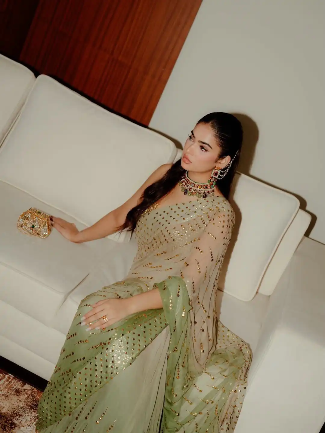 Fancy Pista Faux Georgette Intricate Foil Work Saree