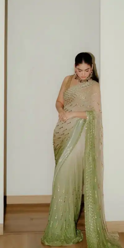 Fancy Pista Faux Georgette Intricate Foil Work Saree