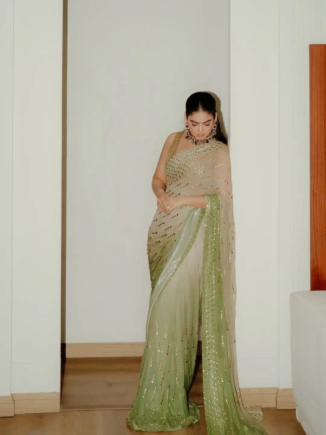 Fancy Pista Faux Georgette Intricate Foil Work Saree