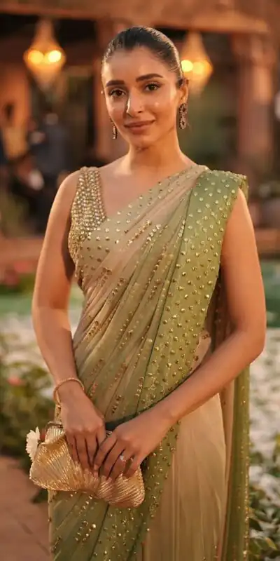 Fancy Pista Faux Georgette Intricate Foil Work Saree