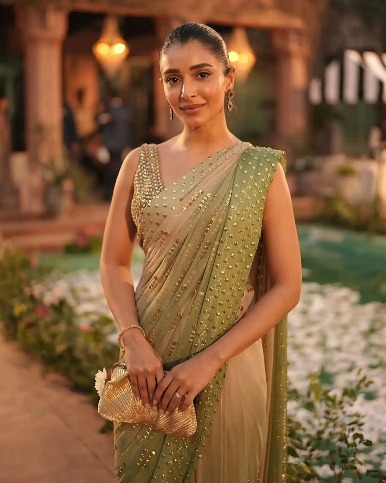 Fancy Pista Faux Georgette Intricate Foil Work Saree