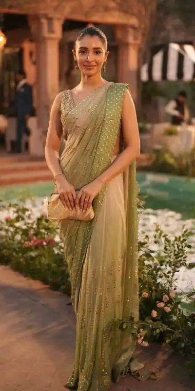 Fancy Pista Faux Georgette Intricate Foil Work Saree
