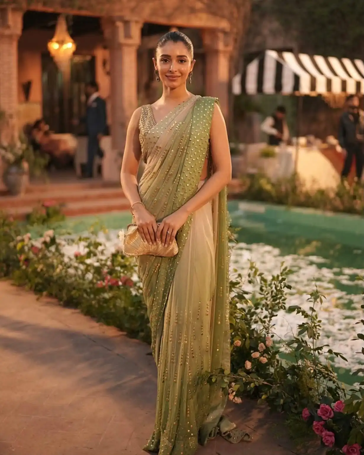 Fancy Pista Faux Georgette Intricate Foil Work Saree