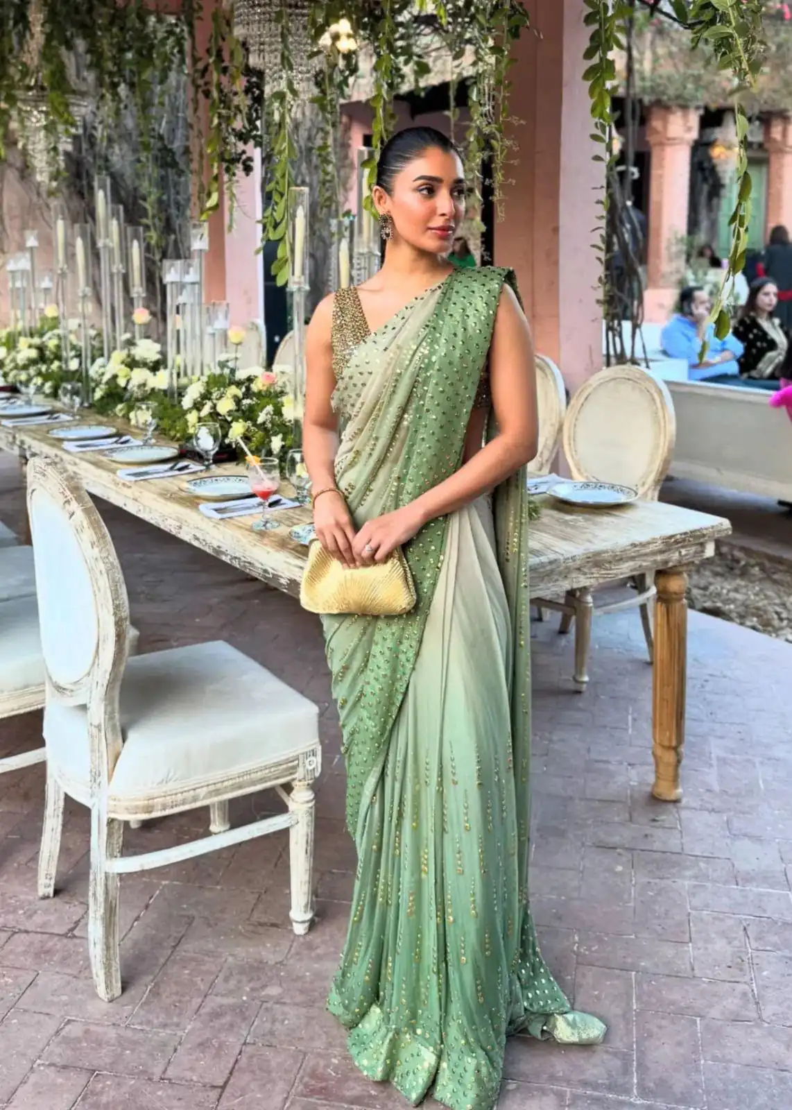 Fancy Pista Faux Georgette Intricate Foil Work Saree