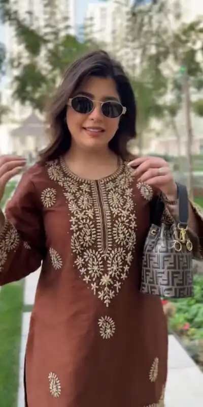 Fancy Rust Slub Rayon Lace Thread Work Kurti