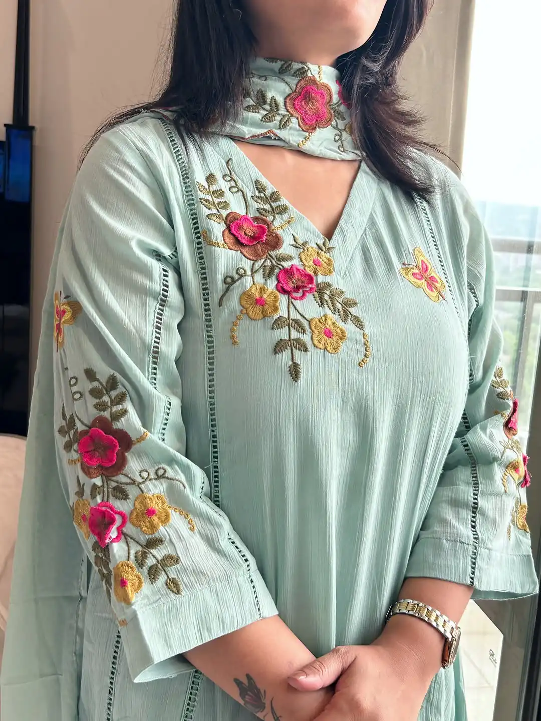 Fancy Sea Green Air Tex Chinon Embroidery Work Salwar Suit