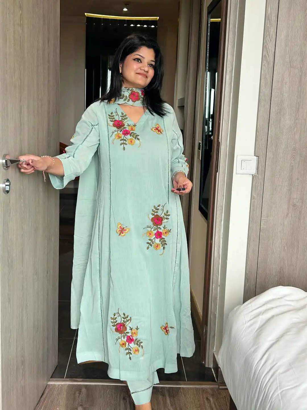 Fancy Sea Green Air Tex Chinon Embroidery Work Salwar Suit