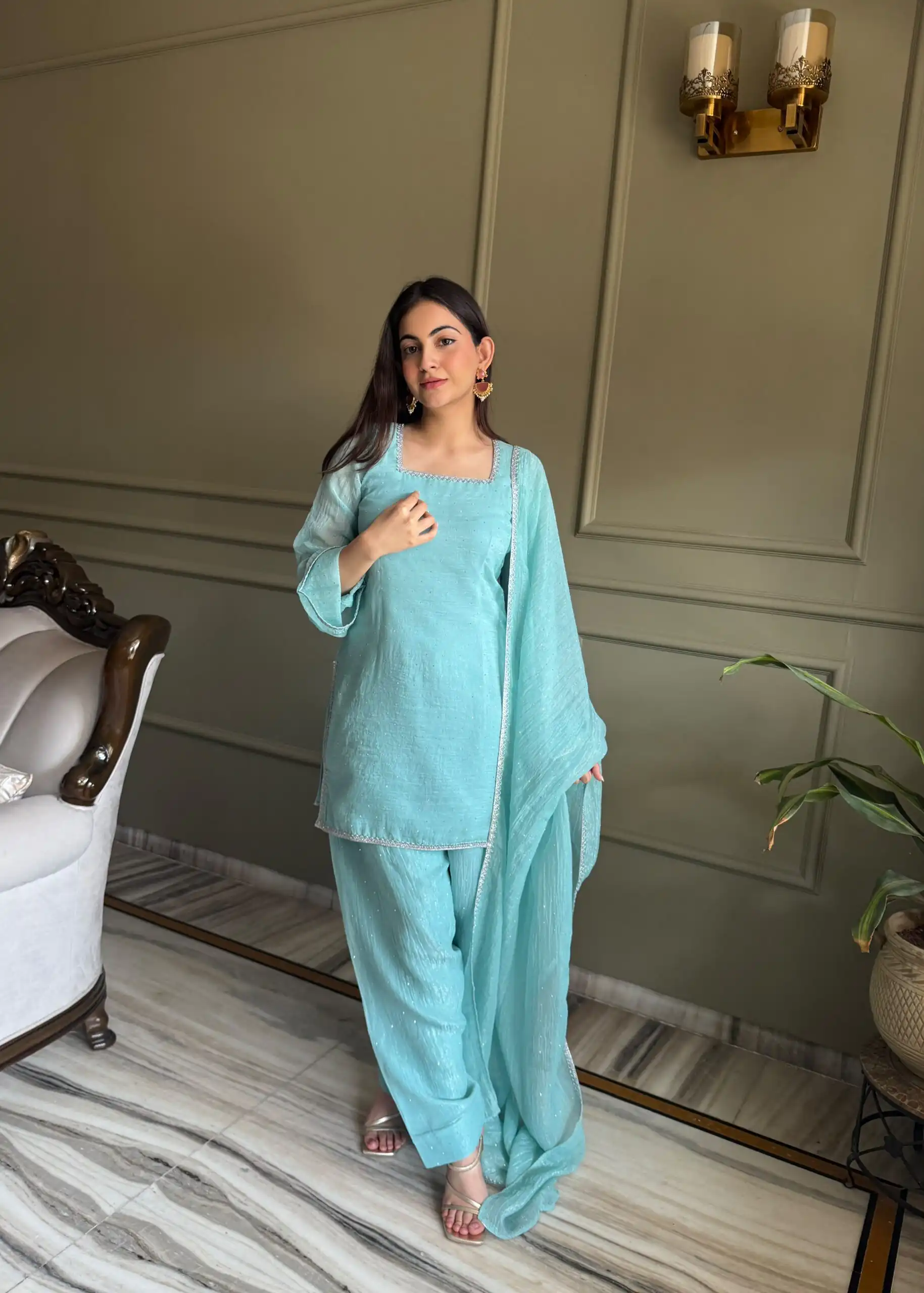 Fancy Sky Blue Crunchy Silk Siroski Work Salwar Suit