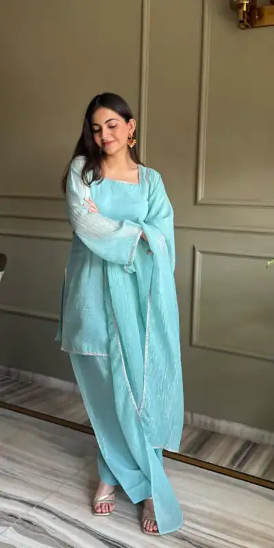 Fancy Sky Blue Crunchy Silk Siroski Work Salwar Suit
