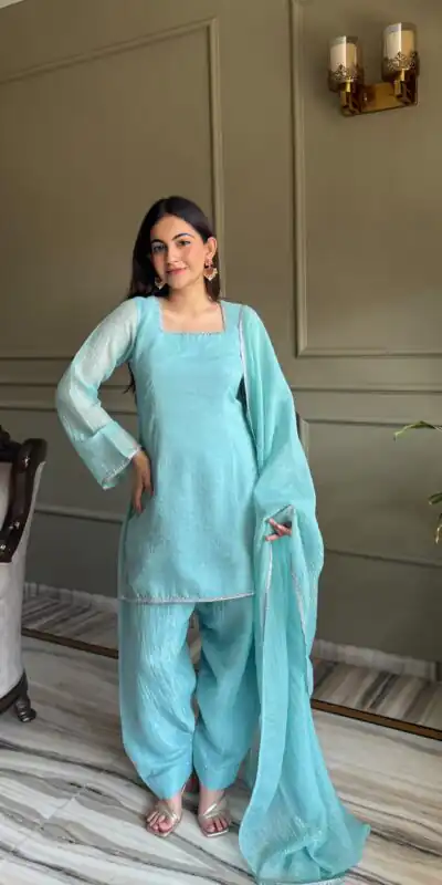 Fancy Sky Blue Crunchy Silk Siroski Work Salwar Suit