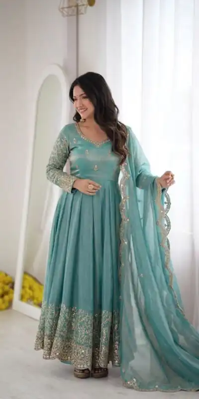 Fancy Sky Blue Fendy Silk Embroider Sequins Work Gown