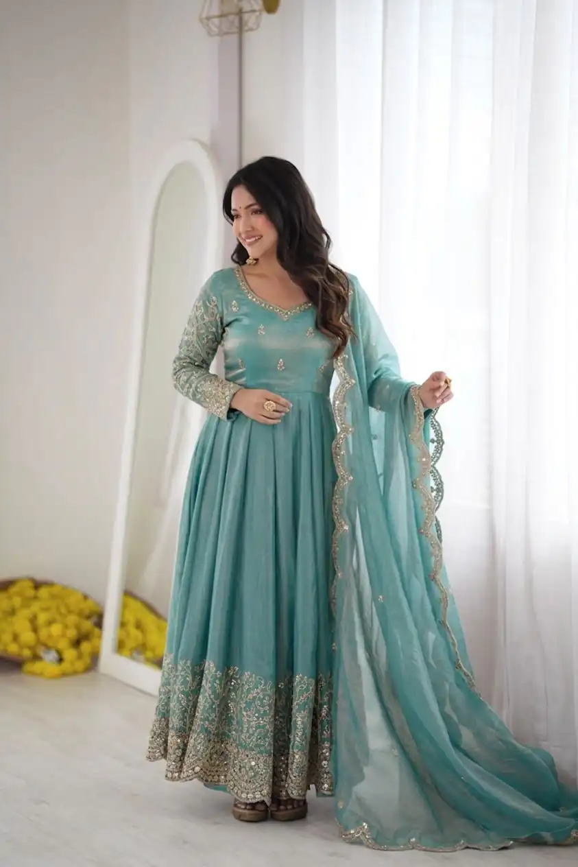 Fancy Sky Blue Fendy Silk Embroider Sequins Work Gown