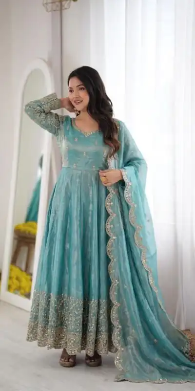 Fancy Sky Blue Fendy Silk Embroider Sequins Work Gown