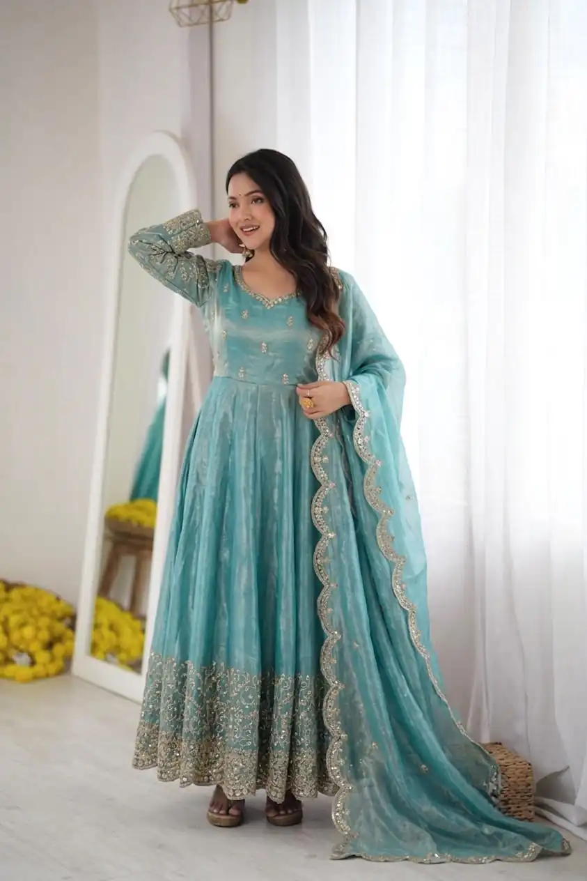 Fancy Sky Blue Fendy Silk Embroider Sequins Work Gown
