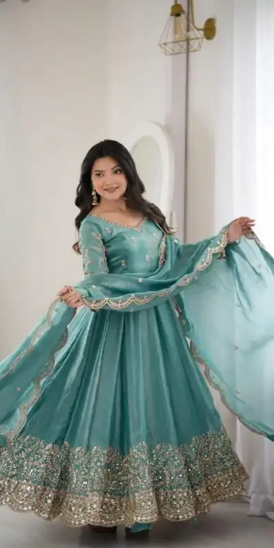 Fancy Sky Blue Fendy Silk Embroider Sequins Work Gown