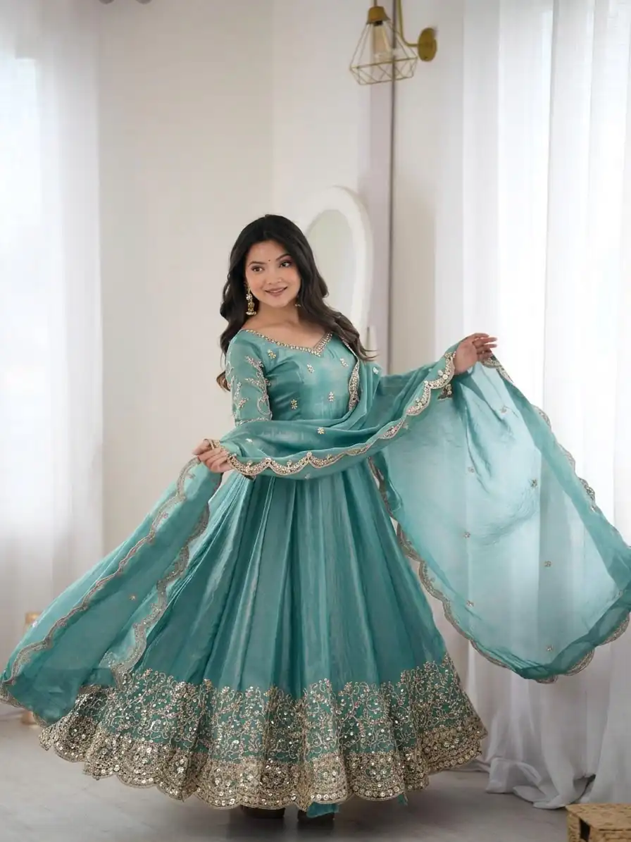 Fancy Sky Blue Fendy Silk Embroider Sequins Work Gown