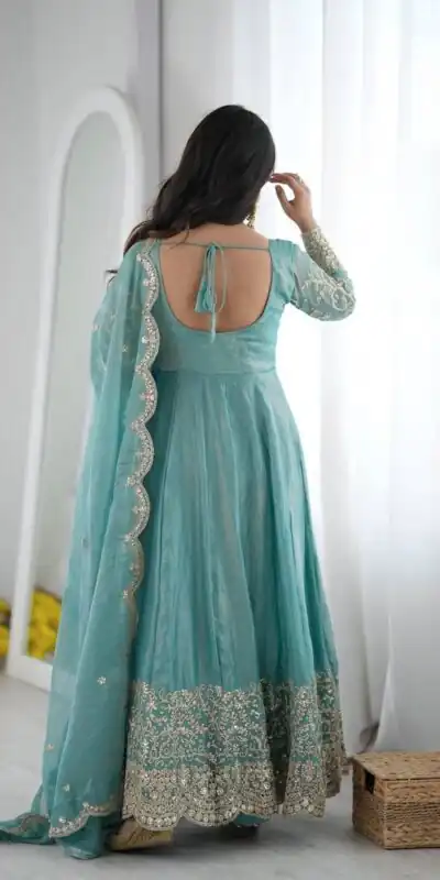 Fancy Sky Blue Fendy Silk Embroider Sequins Work Gown