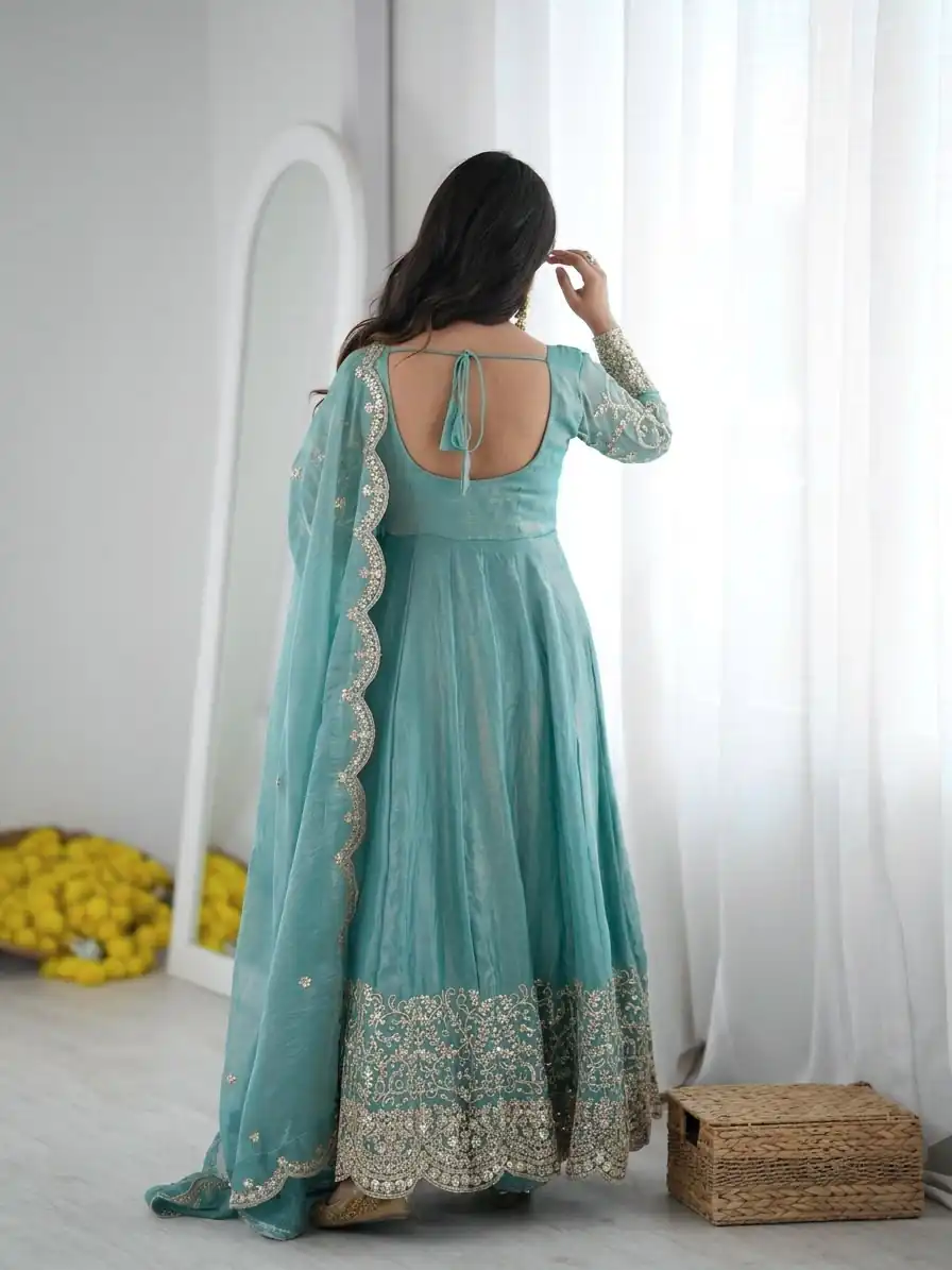Fancy Sky Blue Fendy Silk Embroider Sequins Work Gown