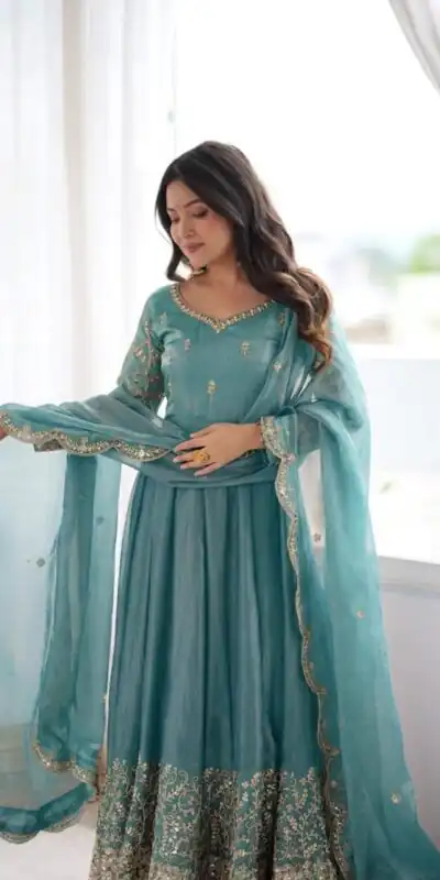 Fancy Sky Blue Fendy Silk Embroider Sequins Work Gown