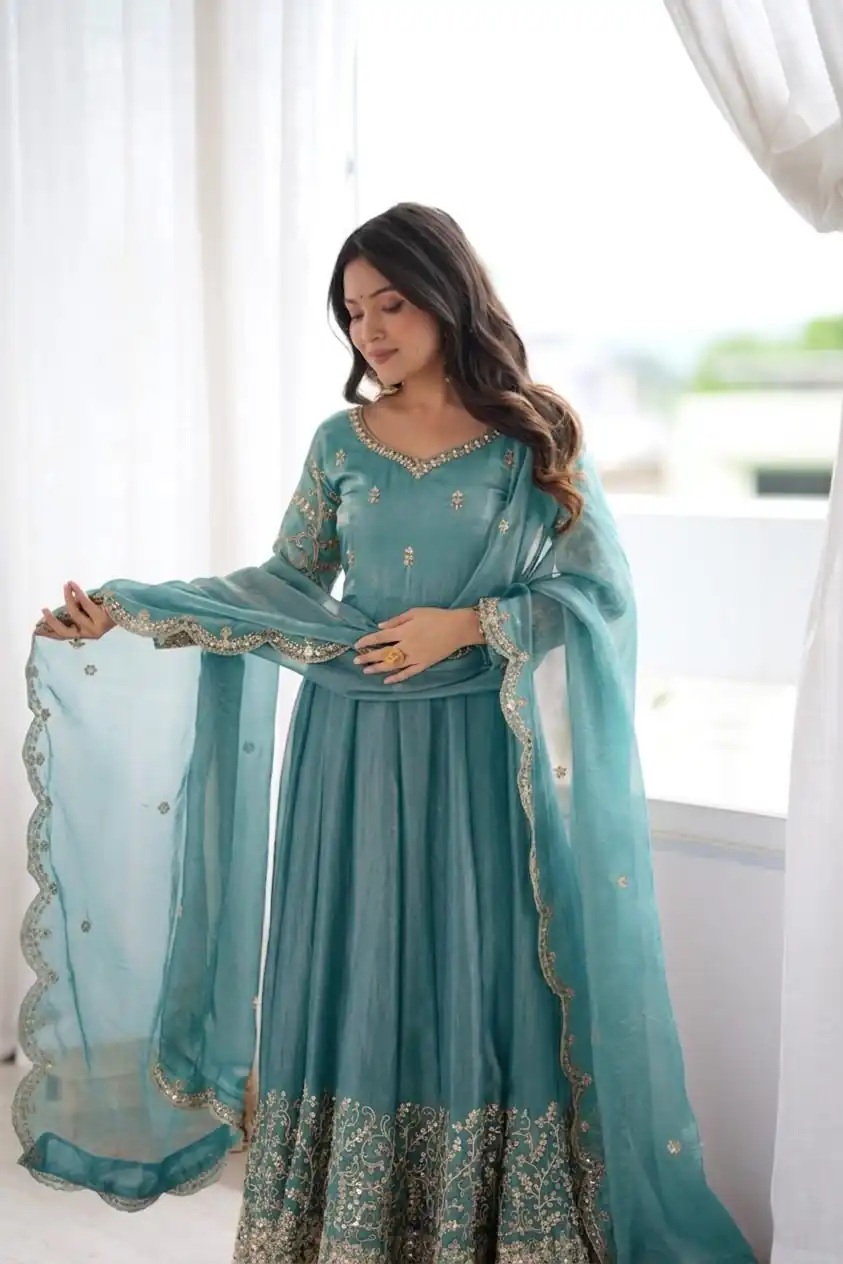 Fancy Sky Blue Fendy Silk Embroider Sequins Work Gown